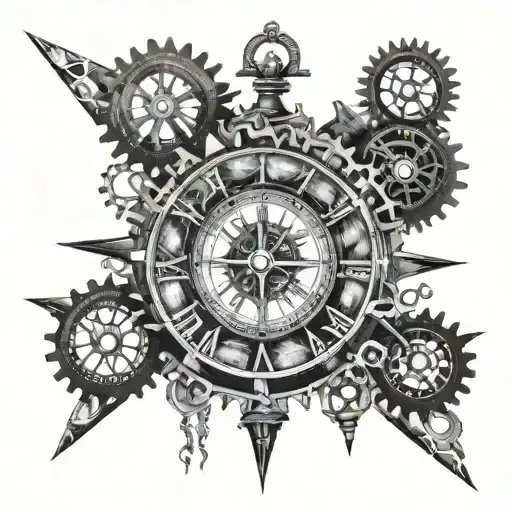 half clock gears and half compass with broken glass tattoo design idea