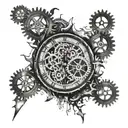 half clock gears and half compass with broken glass tattoo design idea