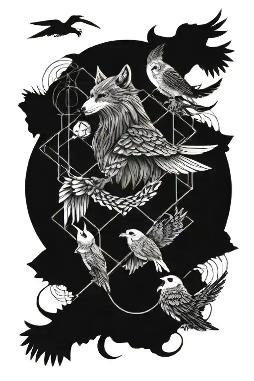 Ouroborous, infinity, wolf, owl, crows flying tattoo design idea