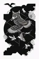 Ouroborous, infinity, wolf, owl, crows flying tattoo design idea
