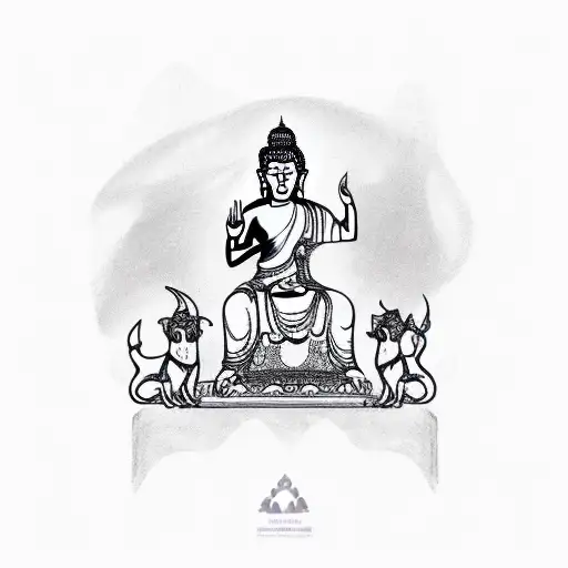 A detailed sketch of a Buddha holding a pair of grooming scissors with dogs playfully running around tattoo design idea