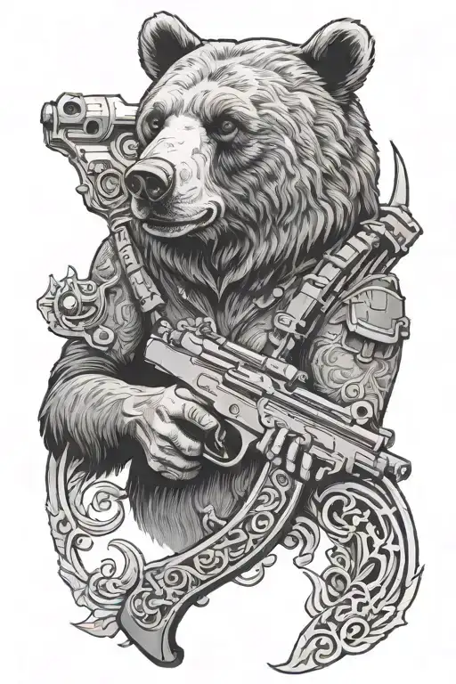 A gunsmith crafting a gun with intricate bear and crow engravings tattoo design idea