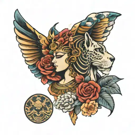 Egyptian themed sleeve with roses and the sphinx  tattoo design idea