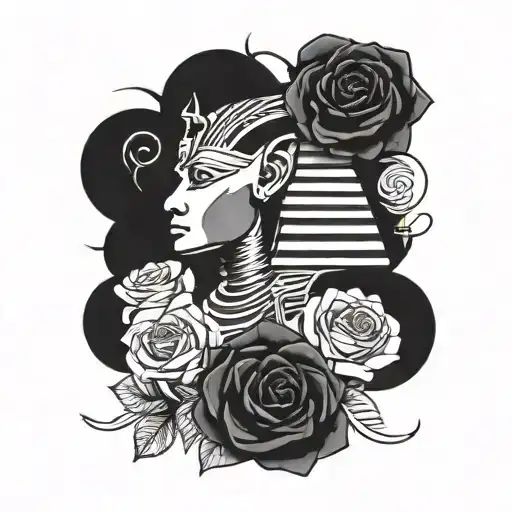 Egyptian themed sleeve with roses and the sphinx  tattoo design idea