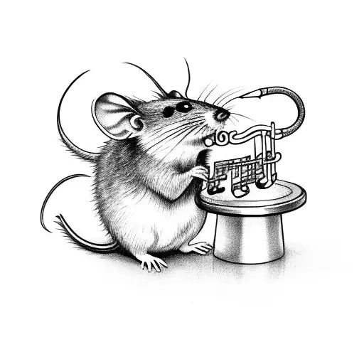 A mischievous rat playing a tiny saxophone, surrounded by musical notes and anime-inspired elements tattoo design idea