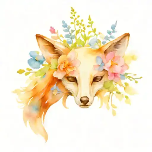 blue pink and white wildflowers in a fox skull tattoo design idea