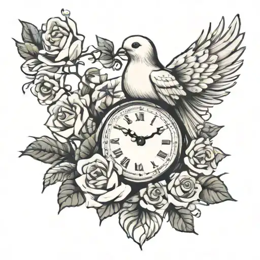 dove clock and roses tattoo design idea
