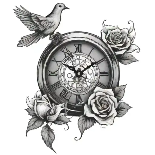 dove clock and roses tattoo design idea