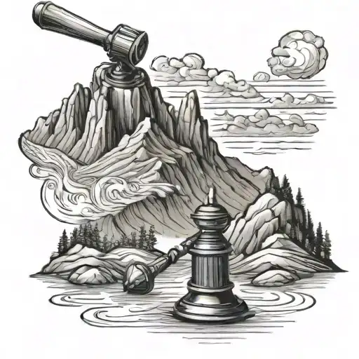 A detailed landscape of a mountain range with a hidden legal gavel tattoo design idea
