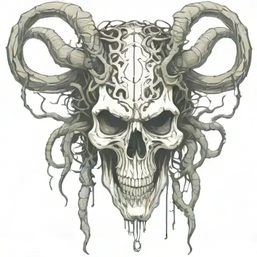 wendigo skull face with snakes wrapped on antlers  tattoo design idea