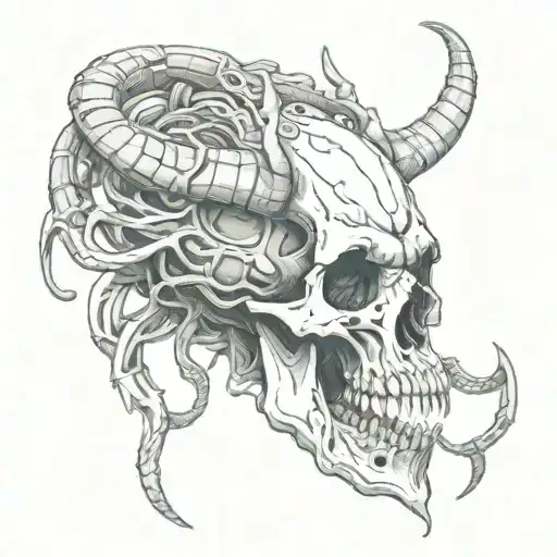 wendigo skull face with snakes wrapped on antlers  tattoo design idea