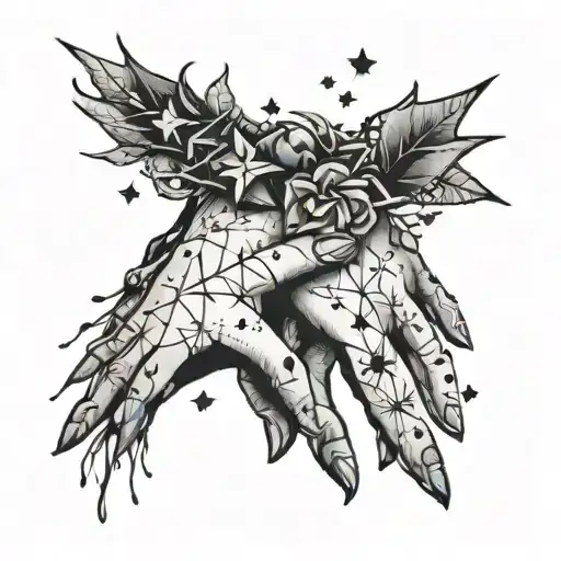 almost partner, incomplete love, care, affection, thorns, sparkle, small hearts, stars, crystals, hands tattoo design idea