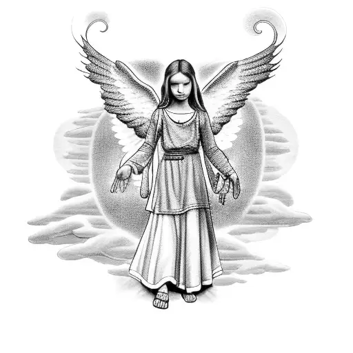 rosary with 10 year old female angel in clouds with sun rays  tattoo design idea