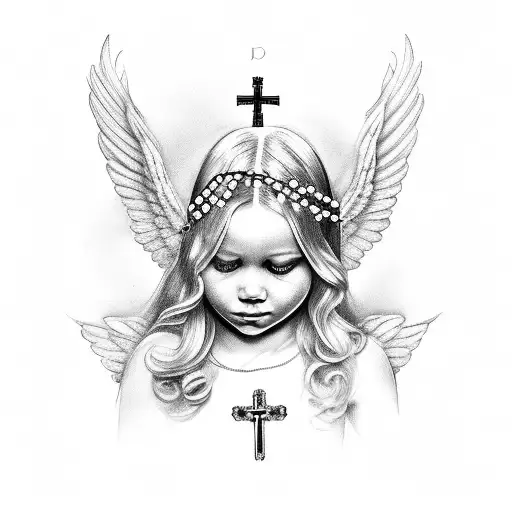 female cherub with realistic rosary surrounding her  tattoo design idea