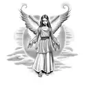 rosary with 10 year old female angel in clouds with sun rays  tattoo design idea