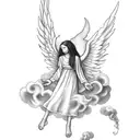 rosary with 10 year old female angel in clouds with sun rays  tattoo design idea