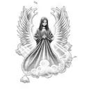 rosary with 10 year old female angel in clouds with sun rays  tattoo design idea