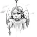 rosary with 10 year old female angel in clouds with sun rays  tattoo design idea