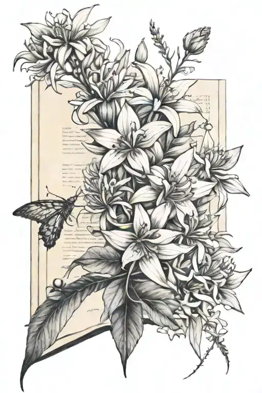 Australian flowers, with open book showing southern cross tattoo design idea