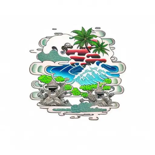island micro style one piece with coconut tree tattoo design idea