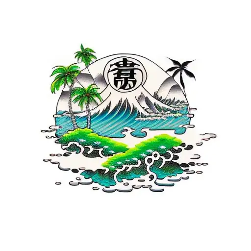 island micro style one piece with coconut tree tattoo design idea