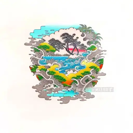 island micro style one piece with coconut tree tattoo design idea