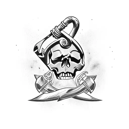 skull with anchor, lightening bolt, piston, sword and spanner tattoo design idea