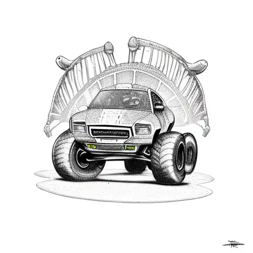 tyrannosaurus wearing a Spider-Man costume standing on a monster truck tattoo design idea