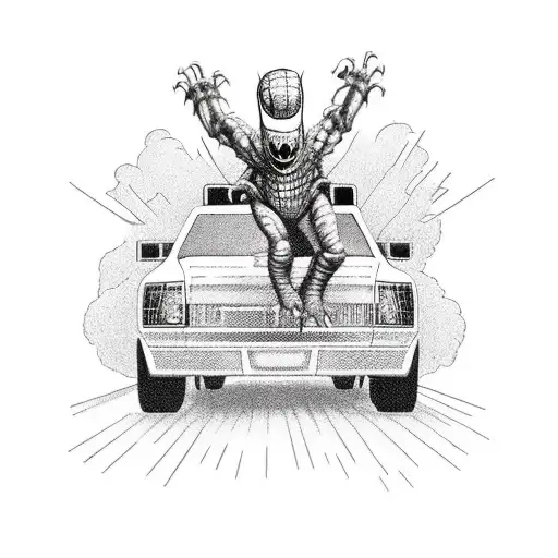 tyrannosaurus wearing a Spider-Man costume, standing on a monster truck tattoo design idea