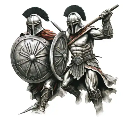 two Spartans with spears and shield adorned tattoo design idea