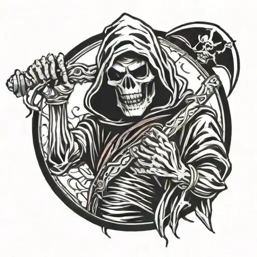 grim reaper that looks like eddie from iron maiden holding a sythe  tattoo design idea