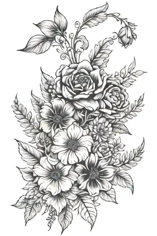 January, March, July, August, September, October, November birth month flower bouquet tattoo design idea