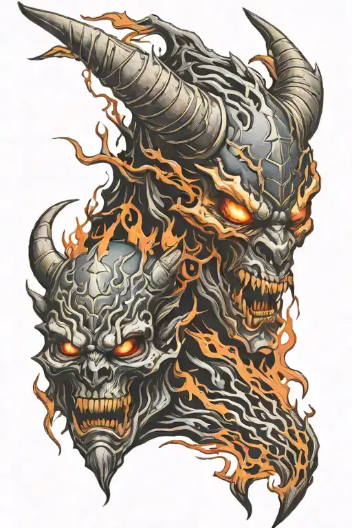 demonic oni mask split skull fire coming tattoo design idea