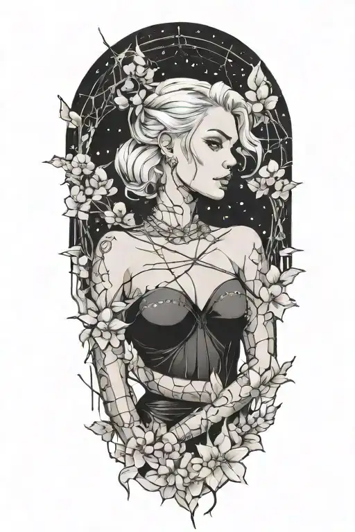A femme fatale with blonde hair, surrounded by lilacs and minimal barbed wire with Scorpio constellation background  tattoo design idea