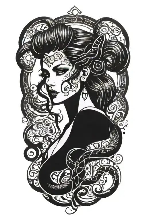 femme fatale representation of a Scorpio zodiac sign tattoo design idea