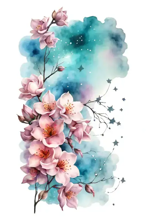 black and gray soft shading lilac blooms and a night sky constellation  tattoo design idea