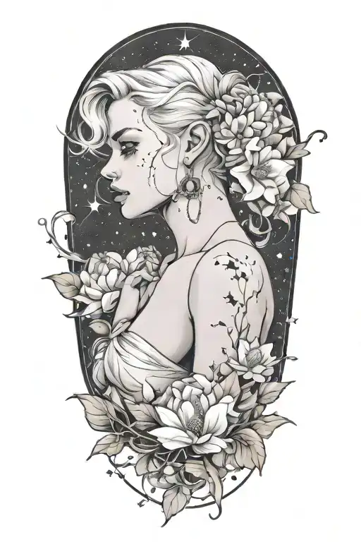 A femme fatale with blonde hair, surrounded by small lilac blooms with Scorpio constellation background  tattoo design idea