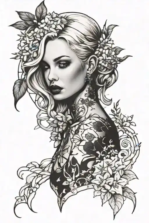 blonde hair femme fatale surrounded by lilacs and luxury symbols, with Scorpio constellation  tattoo design idea