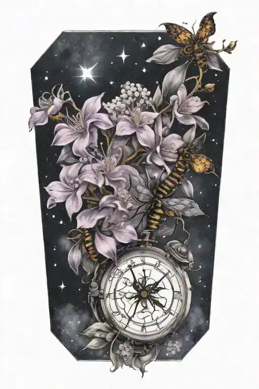 black and gray soft shading lilac blooms and a night sky Scorpio constellation  tattoo design idea
