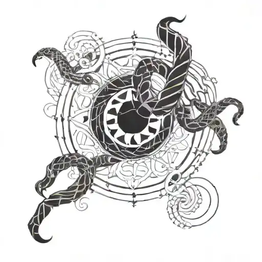 An abstract representation of 111 intertwined with Scorpio symbol, accented with luxurious elements and lilac accents  tattoo design idea