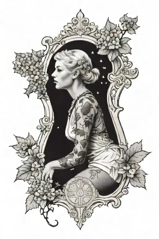 blonde femme woman looking in antique mirror with constellation background flanked on each side by a lilac head  tattoo design idea
