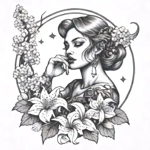 A dark femme fatale surrounded by lilacs, with Scorpio constellation incorporated into the design tattoo design idea