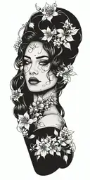 femme fatale biting lips nestled in lilacs surrounded by a Scorpio constellation  tattoo design idea