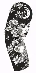 femme fatale biting lips nestled in lilacs surrounded by a Scorpio constellation  tattoo design idea