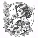 A dark femme fatale surrounded by lilacs, with Scorpio constellation incorporated into the design tattoo design idea