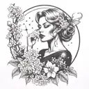 A dark femme fatale surrounded by lilacs, with Scorpio constellation incorporated into the design tattoo design idea