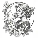 A dark femme fatale surrounded by lilacs, with Scorpio constellation incorporated into the design tattoo design idea