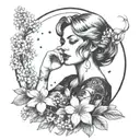 A dark femme fatale surrounded by lilacs, with Scorpio constellation incorporated into the design tattoo design idea