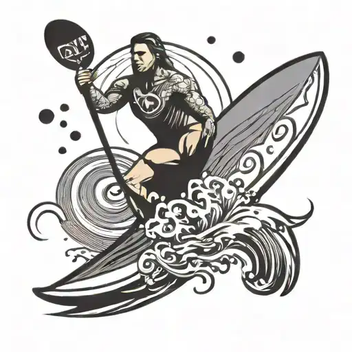 A paddleboarder riding a wave with the word 'love' incorporated into the water design tattoo design idea
