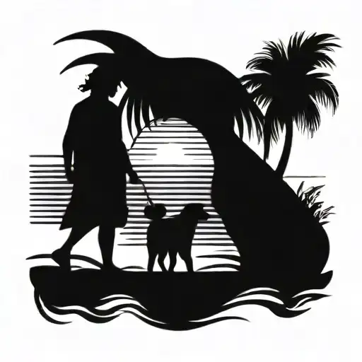 A tattoo design featuring a silhouette of a happy family walking on the beach with their dog, symbolizing love and contentment tattoo design idea